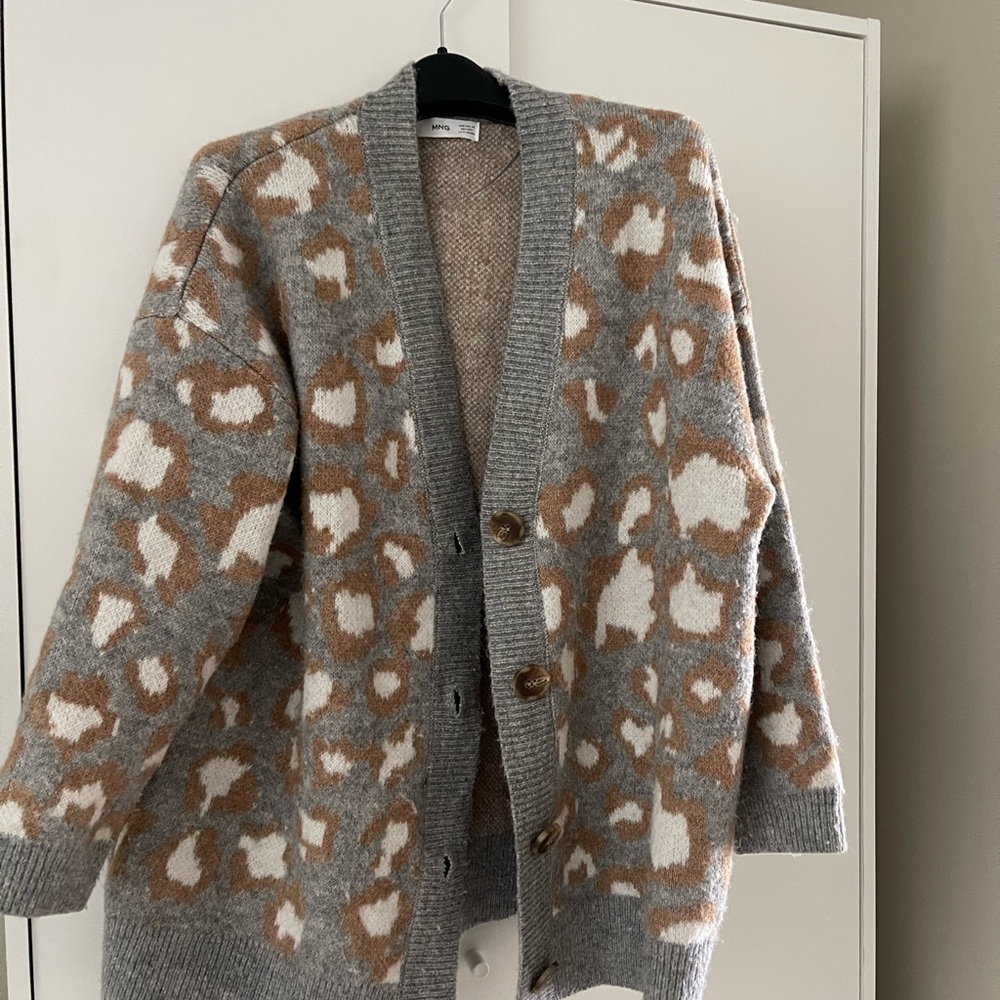Mango Gray and Tan Leopard Print Cardigan, oversized S